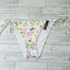 Victoria's Secret Swim Bikini Bottom White w/ Floral & Lemon Side Tie NEW